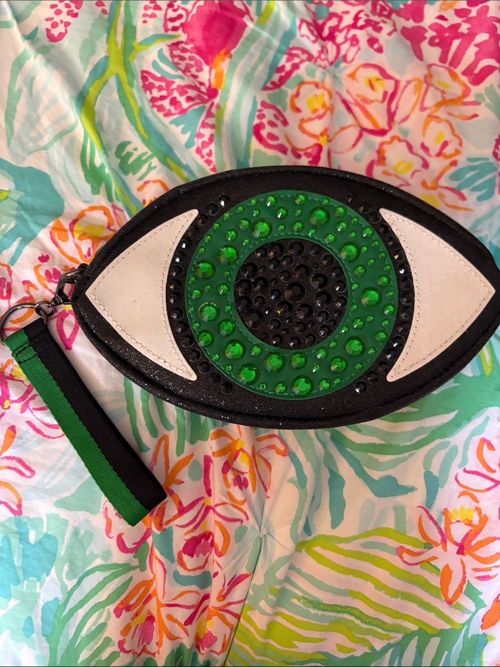 Bath & Body Works Green and Black Eye Crystal Wristlet Clutch